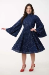 Unique Vintage Sequin Mock Neck Swing Dress In Blue Sequin