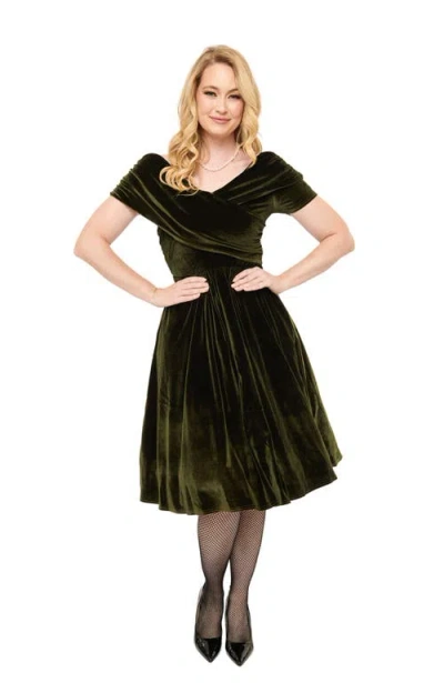 Unique Vintage Shirred Off Shoulder Swing Dress In Olive Green