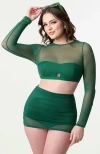 Unique Vintage Mesh Long Sleeve Swim Top In Green