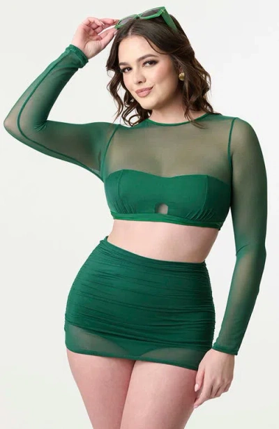 Unique Vintage Shirred Skirt Swim Bottom In Green