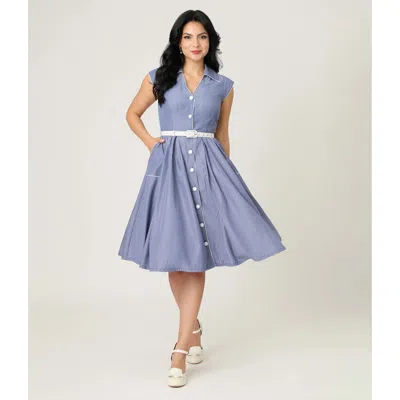 Unique Vintage Shirt Swing Dress In Blue
