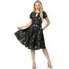 Unique Vintage Short Petal Sleeve Tie Neck Dahlia Swing Dress In Black