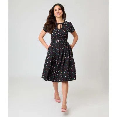 Unique Vintage Short Petal Sleeve Tie Neck Dahlia Swing Dress In Black