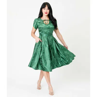 Unique Vintage Short Petal Sleeve Tie Neck Dahlia Swing Dress In Green