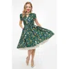 Unique Vintage Short Petal Sleeve Tie Neck Dahlia Swing Dress In Green & Gold Peacock Print