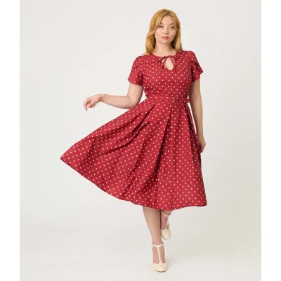 Unique Vintage Short Petal Sleeve Tie Neck Dahlia Swing Dress In Red