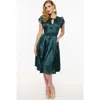 Unique Vintage Short Petal Sleeve Tie Neck Dahlia Swing Dress In Teal Floral Embossed