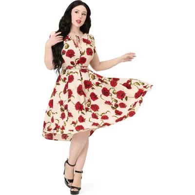 Unique Vintage Short Petal Sleeve Tie Neck Dahlia Swing Dress In White