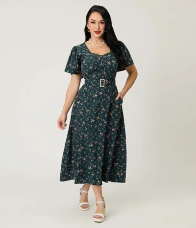 Unique Vintage Short Puff Sleeve Sweetheart Neck Godet Midi Dress In Multi