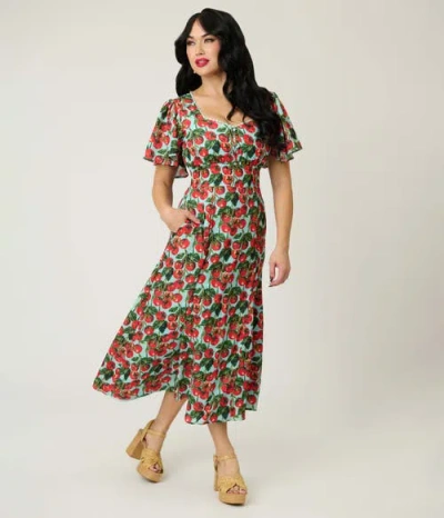 Unique Vintage Short Puff Sleeve Sweetheart Neck Godet Midi Dress In Multi