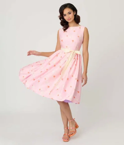 Unique Vintage Sleeveless Belted Swing Dress In Pink