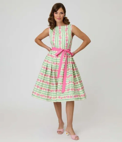 Unique Vintage Sleeveless Belted Swing Dress In Green