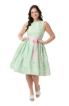 Unique Vintage Sleeveless Belted Swing Dress In Green Animal Print