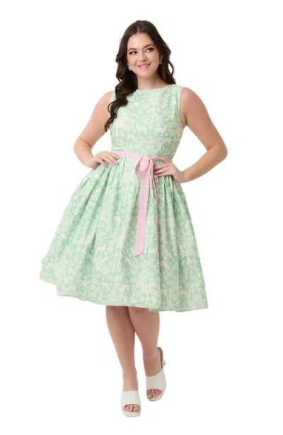 Unique Vintage Sleeveless Belted Swing Dress In Green Animal Print