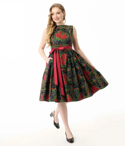 Unique Vintage Sleeveless Belted Swing Dress In Multi