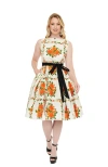 Unique Vintage Sleeveless Belted Swing Dress In White Orange Floral