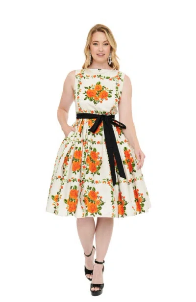 Unique Vintage Sleeveless Belted Swing Dress In White Orange Floral