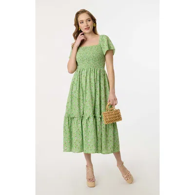 Unique Vintage Smocked Bodice Midi Dress