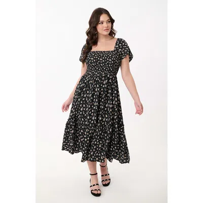 Unique Vintage Smocked Bodice Midi Dress In Black Floral