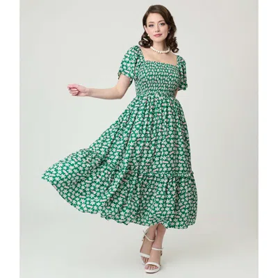 Unique Vintage Smocked Bodice Midi Dress In Green