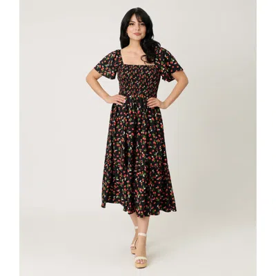 Unique Vintage Smocked Bodice Midi Dress In Multi
