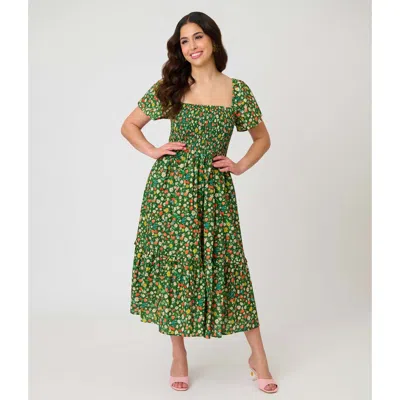 Unique Vintage Smocked Bodice Midi Dress In Multi