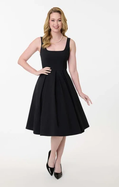 Unique Vintage Square Neck Pleated Swing Dress In Black