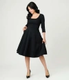 Unique Vintage Square Neck Pleated Swing Dress In Black