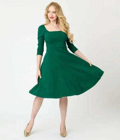 Unique Vintage Square Neck Pleated Swing Dress In Green