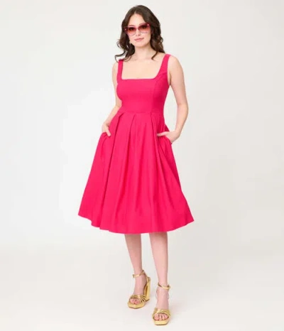 Unique Vintage Square Neck Pleated Swing Dress In Pink