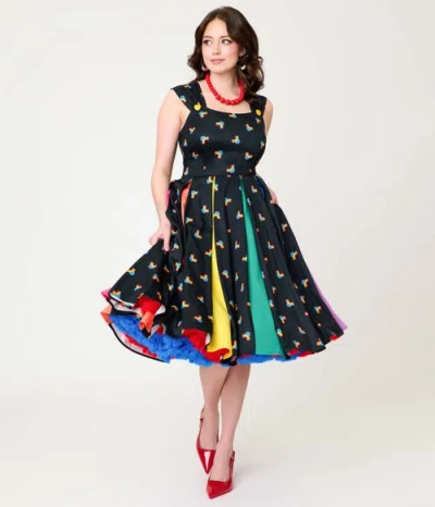 Unique Vintage Square Neck Sleeveless Godet Swing Dress In Multi