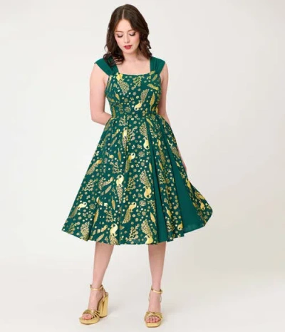 Unique Vintage Square Neck Sleeveless Godet Swing Dress In Green Foiled Peacock