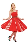 Unique Vintage Square Neck Sleeveless Godet Swing Dress In Red & White