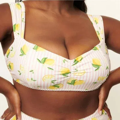 Unique Vintage Stripes & Lemons Ruched Swim Top In Yellow In White