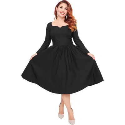 Unique Vintage Sweetheart Long Sleeve Swing Dress In Black