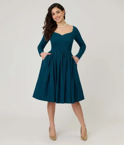 Unique Vintage Sweetheart Long Sleeve Swing Dress In Blue