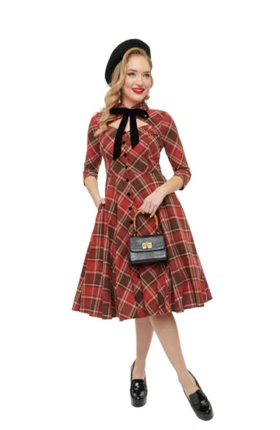 Unique Vintage Sweetheart Neck Swing Dress In Red & Brown Plaid