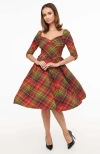Unique Vintage Sweetheart Neckline Lamar Swing Dress In Orange Plaid
