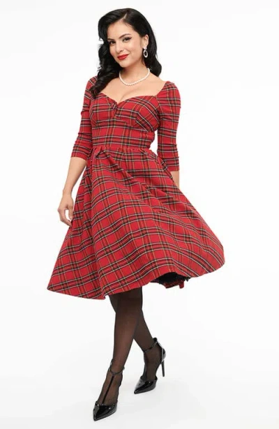 Unique Vintage Sweetheart Neckline Lamar Swing Dress In Red Plaid