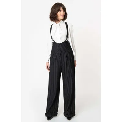 Unique Vintage Thelma High Waist Suspender Pants In Black & White Pin Stripe