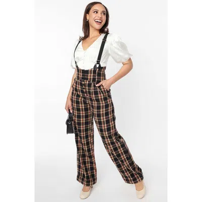 Unique Vintage Thelma High Waist Suspender Pants In Black/cream/auburn Plaid