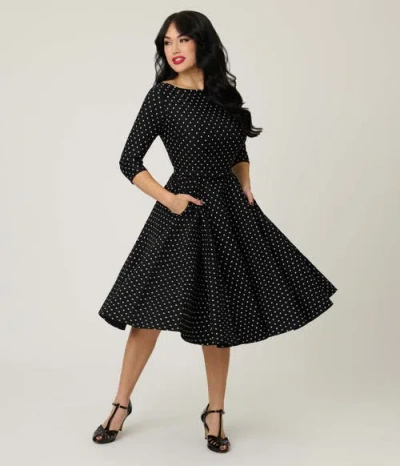 Unique Vintage Three Quarter Sleeve Belted Devon Swing Dress In Black