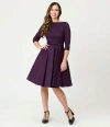 Unique Vintage Three Quarter Sleeve Belted Devon Swing Dress In Purple