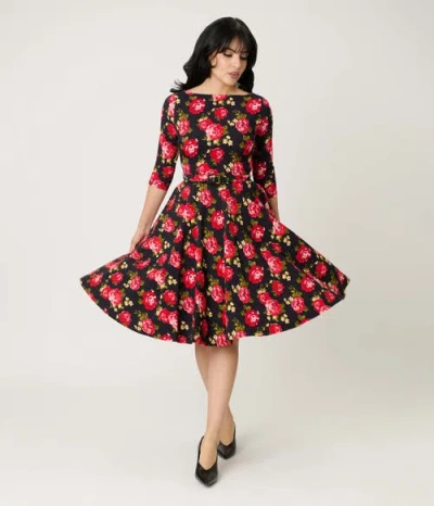 Unique Vintage Three Quarter Sleeve Belted Devon Swing Dress In Red