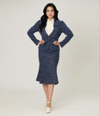 Unique Vintage Tweed Tina Trumpet Skirt In Blue