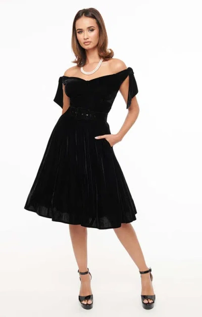 Unique Vintage Velvet Prairie Swing Dress In Black