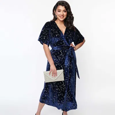 Unique Vintage Velvet Tie Wrap Surplice Midi Dress In Black