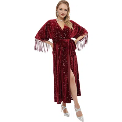 Unique Vintage Velvet Tie Wrap Surplice Midi Dress In Burgundy & Silver Star