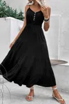 Unishe Buttoned Smocked Waist Maxi Dress In Black In Black