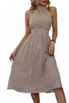 Unishe Halter Sleeveless Round Neck Printed Dress In Khaki In Neutral